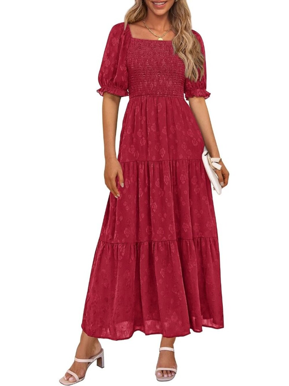 Women's Red Summer Square Neck Short Sleeve Elegant Floral Midi Party Dresses
